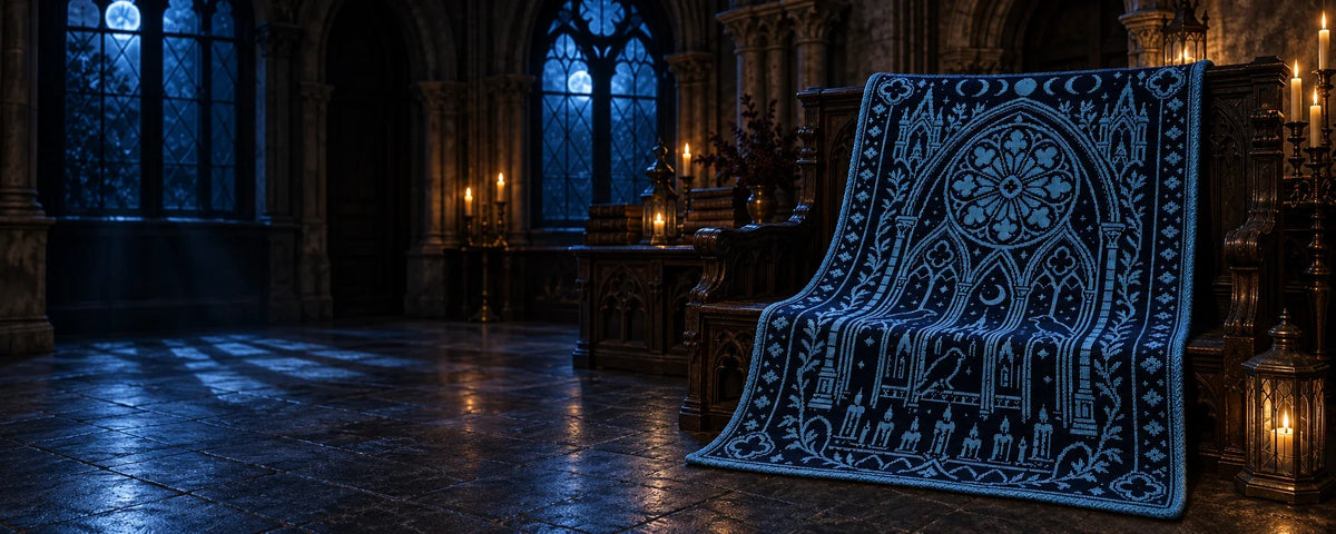Gothic Cathedral crochet blanket in a moonlit interior