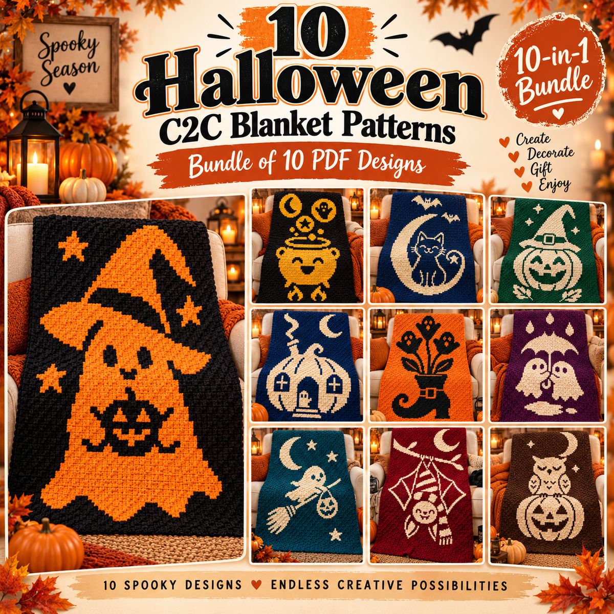Halloween C2C Crochet Pattern Bundle – 10 Designs Digital Download