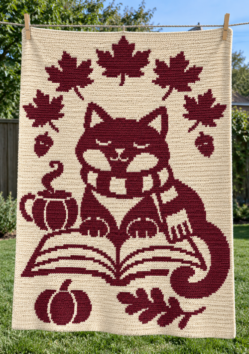 Autumn Reading Cat Crochet Mosaic Pattern-Digital Download