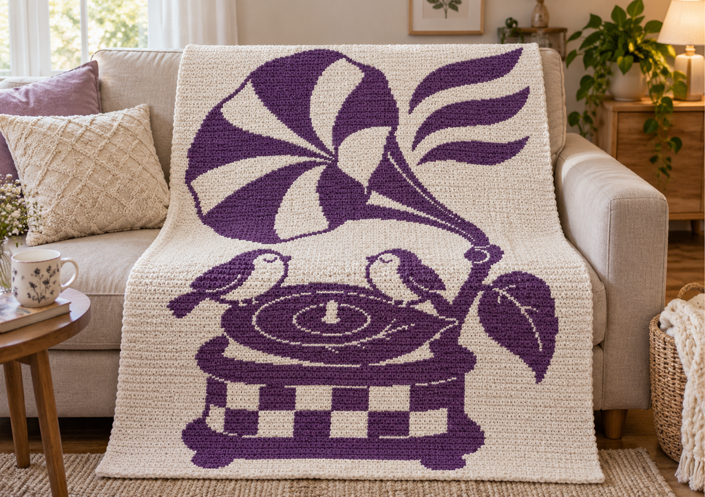Songbirds Record Player C2C Crochet Mosaic Pattern-Digital Download