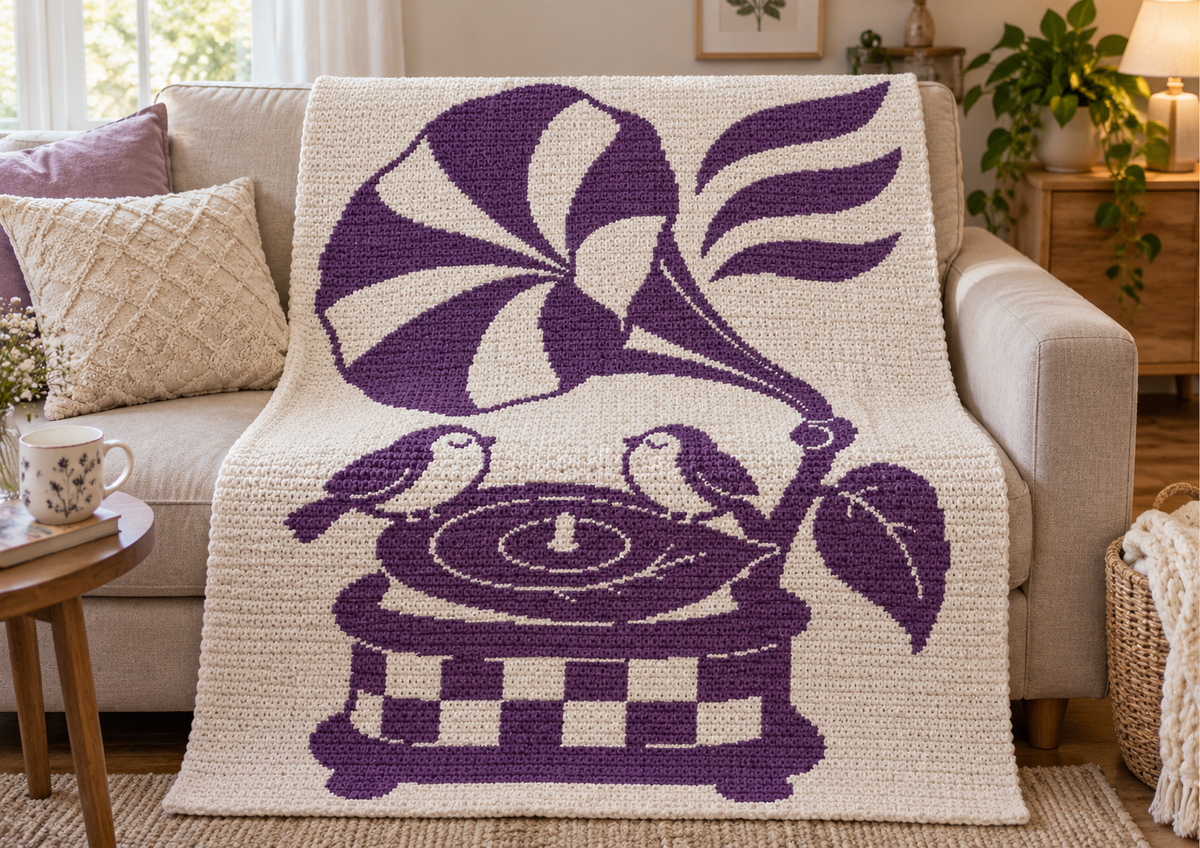Songbirds Record Player C2C Crochet Mosaic Pattern-Digital Download