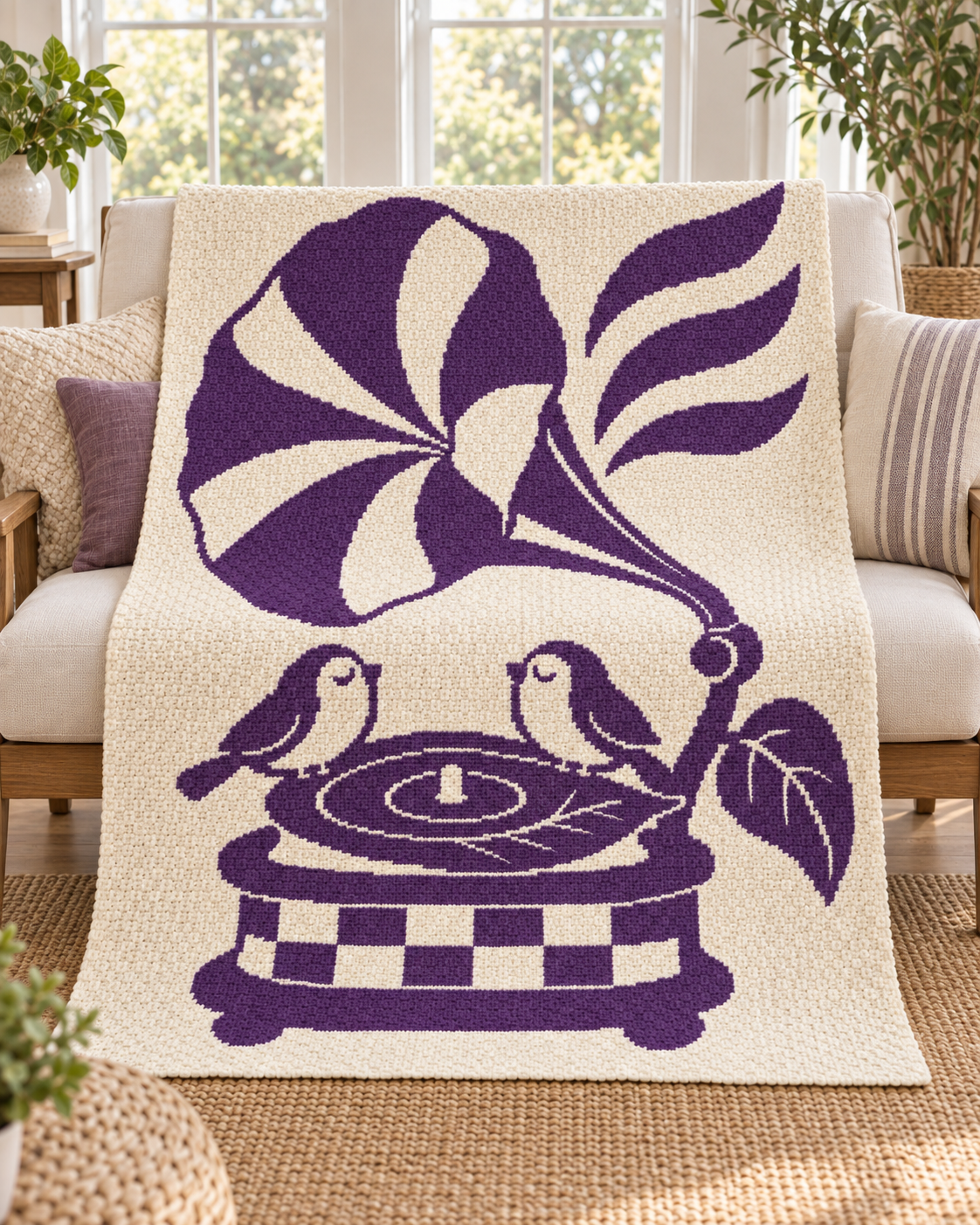 Songbirds Record Player C2C Crochet Mosaic Pattern-Digital Download