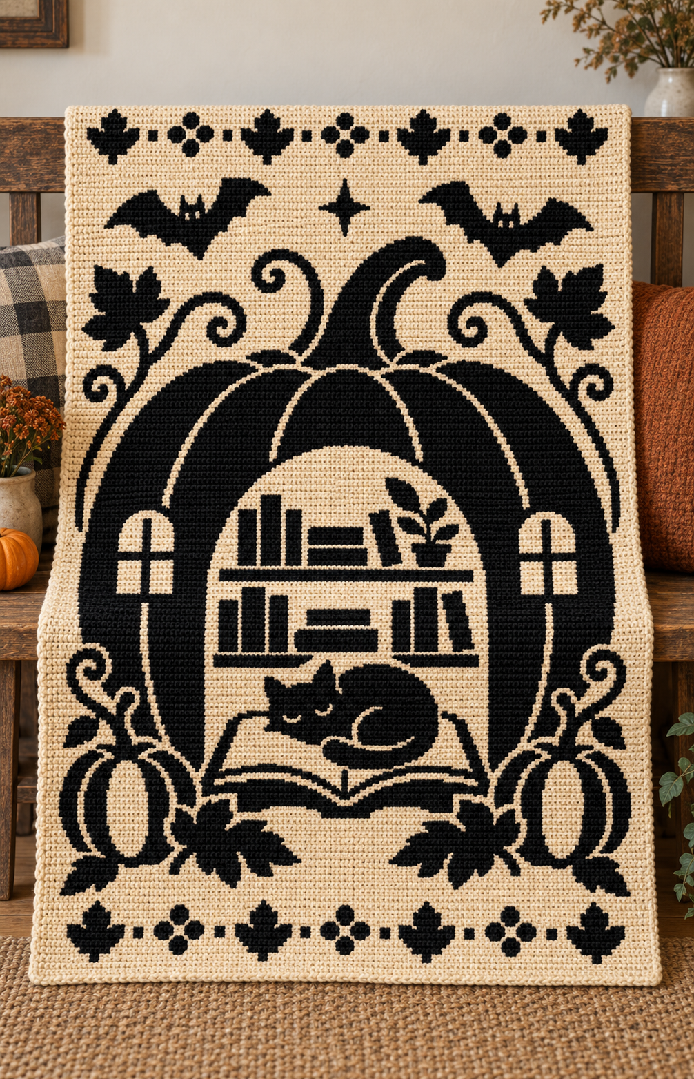 Halloween Library Cat C2C Crochet Mosaic Pattern-Digital Download