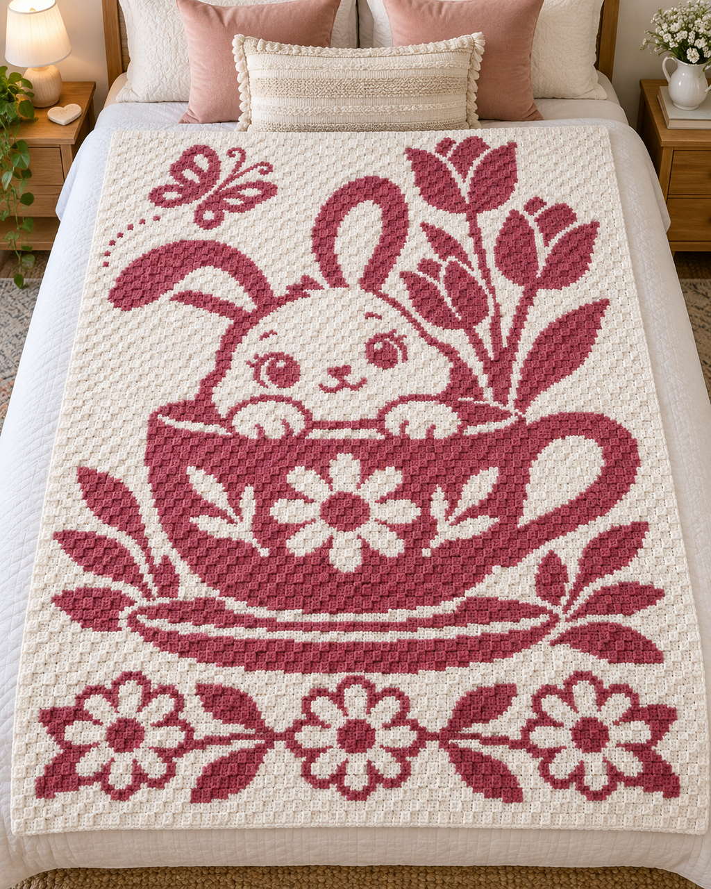 Bunny Teacup Tulips C2C Crochet Mosaic Pattern-Digital Download