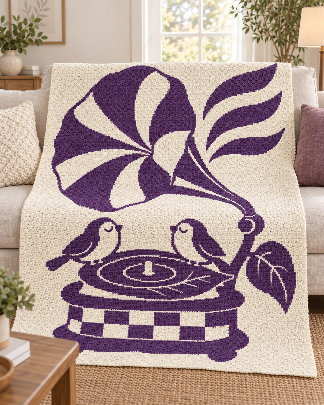 Songbirds Record Player C2C Crochet Mosaic Pattern-Digital Download