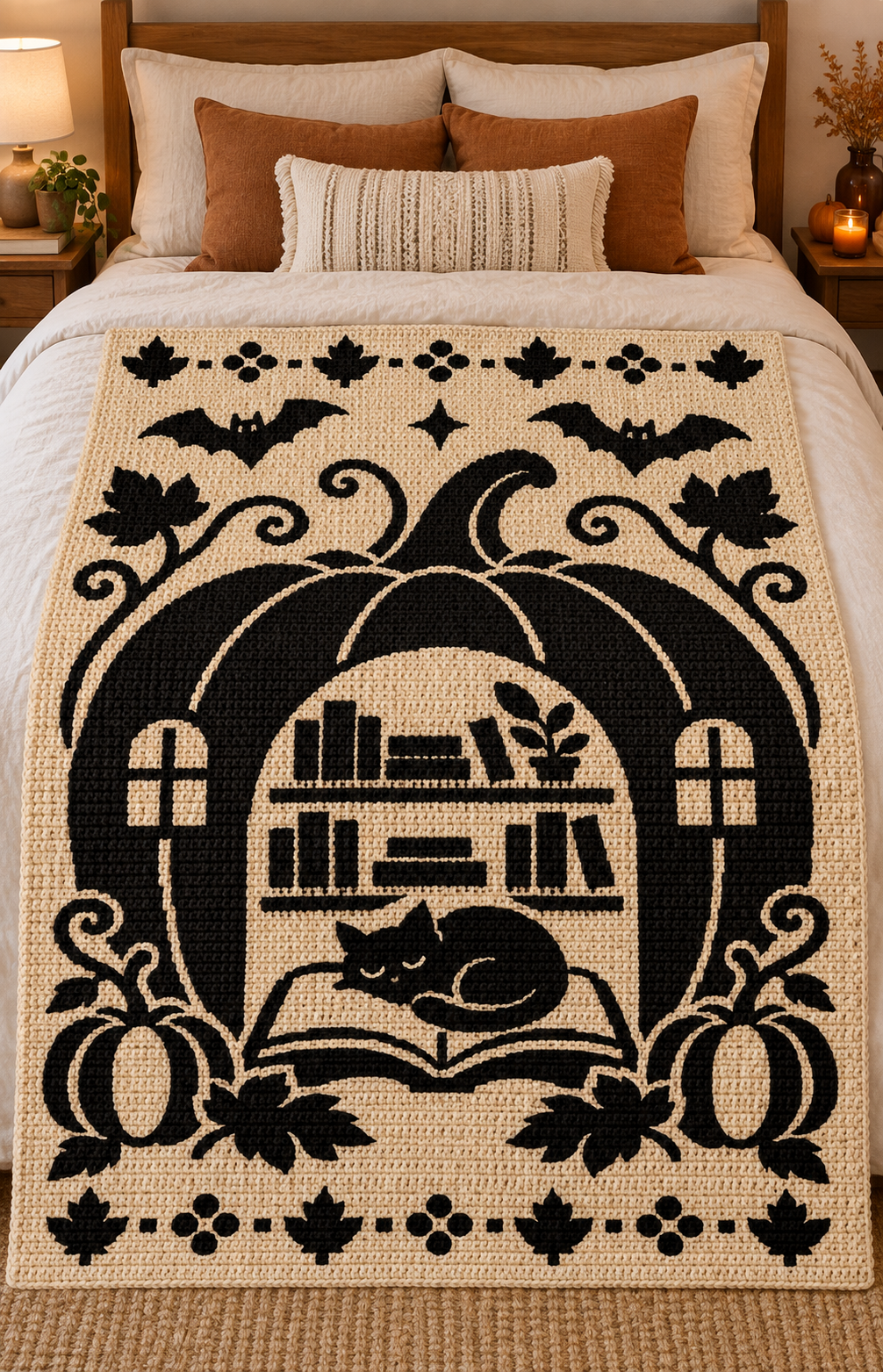 Halloween Library Cat C2C Crochet Mosaic Pattern-Digital Download