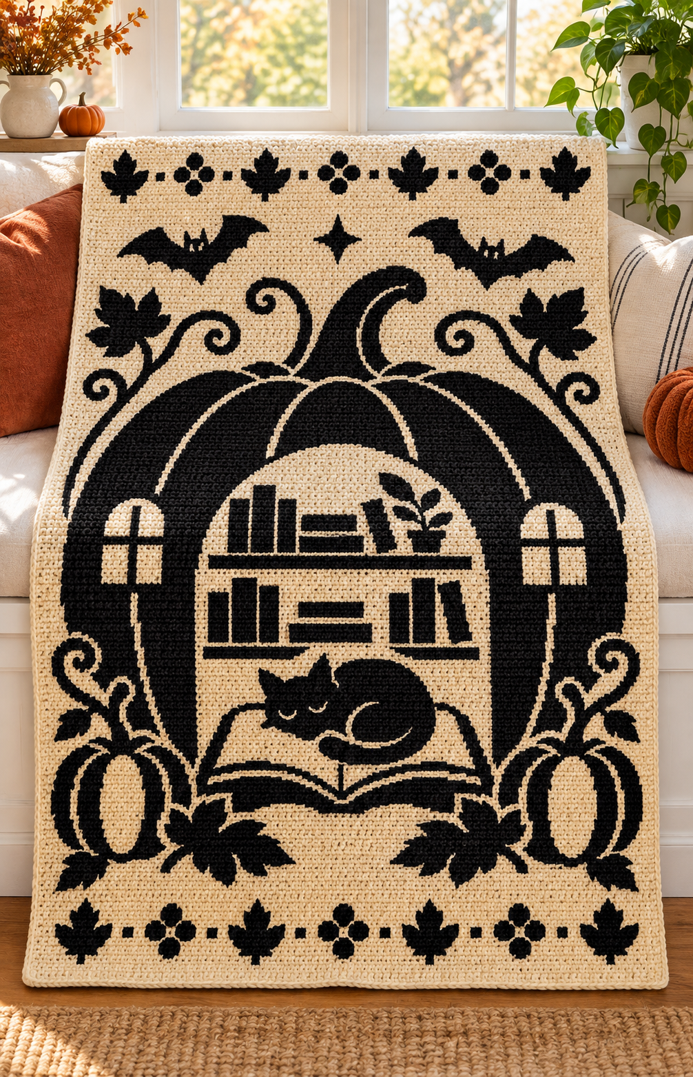 Halloween Library Cat C2C Crochet Mosaic Pattern-Digital Download