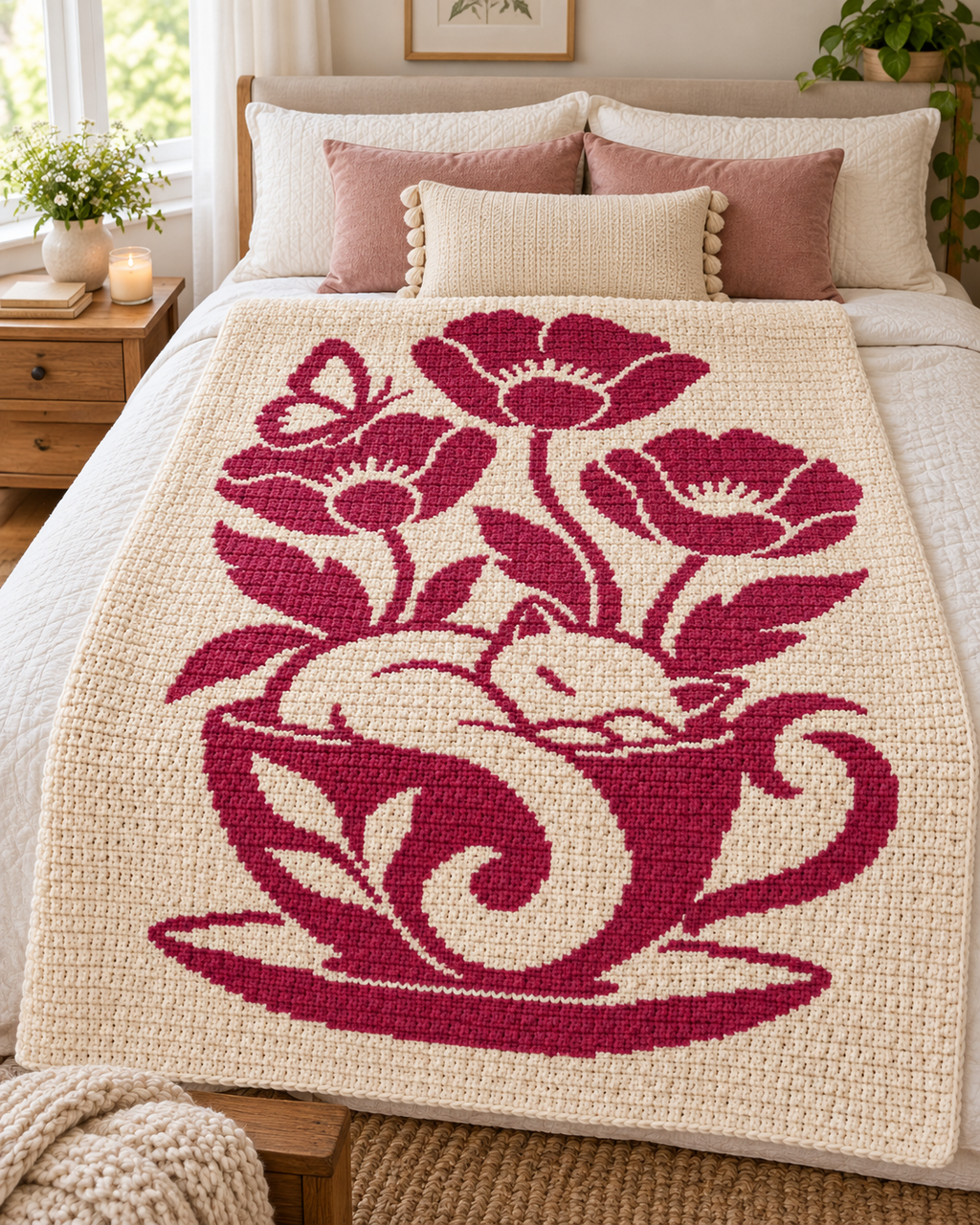 Dormouse Teacup Blossom C2C Crochet Mosaic Pattern-Digital Download
