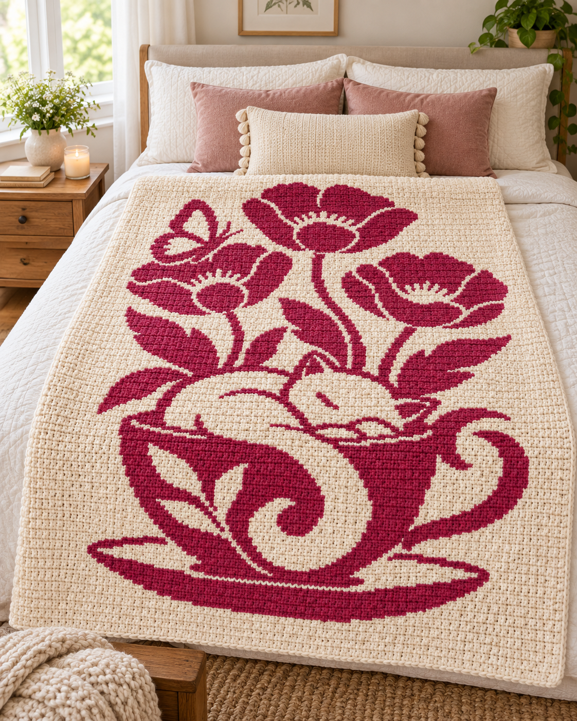 Dormouse Teacup Blossom C2C Crochet Mosaic Pattern-Digital Download