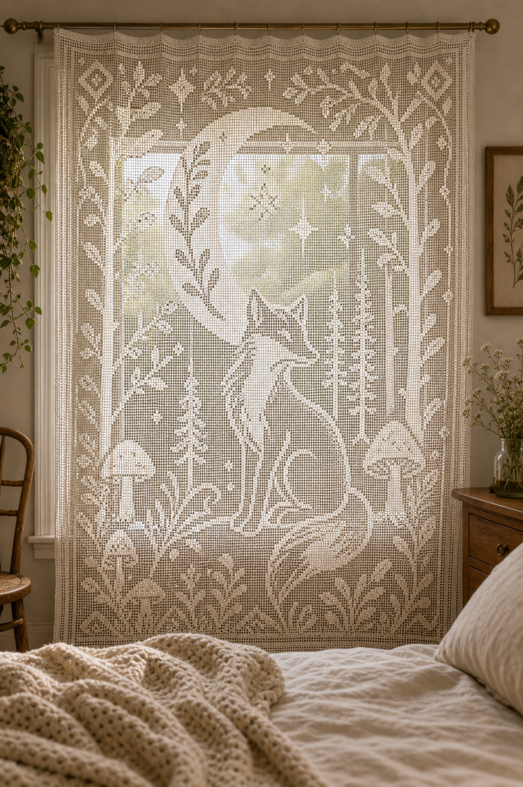 Moonlit Fox Forest Filet Crochet Curtain Pattern-Digital Download