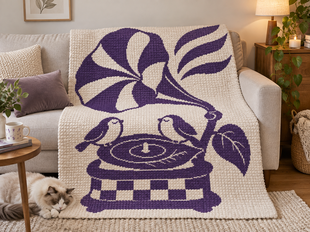 Songbirds Record Player C2C Crochet Mosaic Pattern-Digital Download