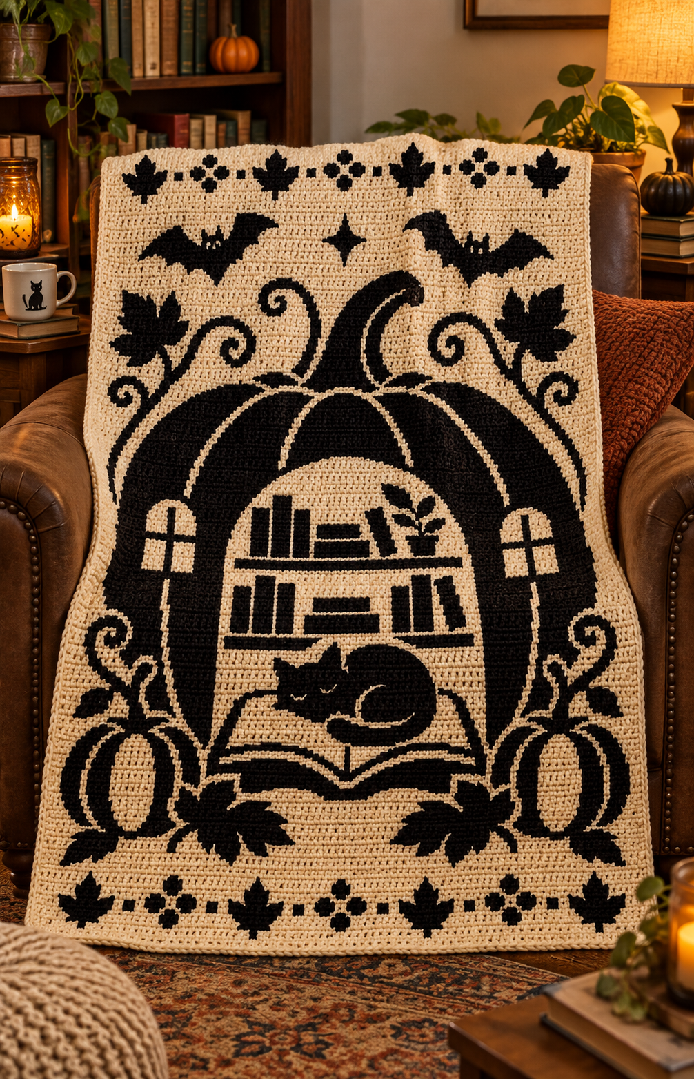 Halloween Library Cat C2C Crochet Mosaic Pattern-Digital Download
