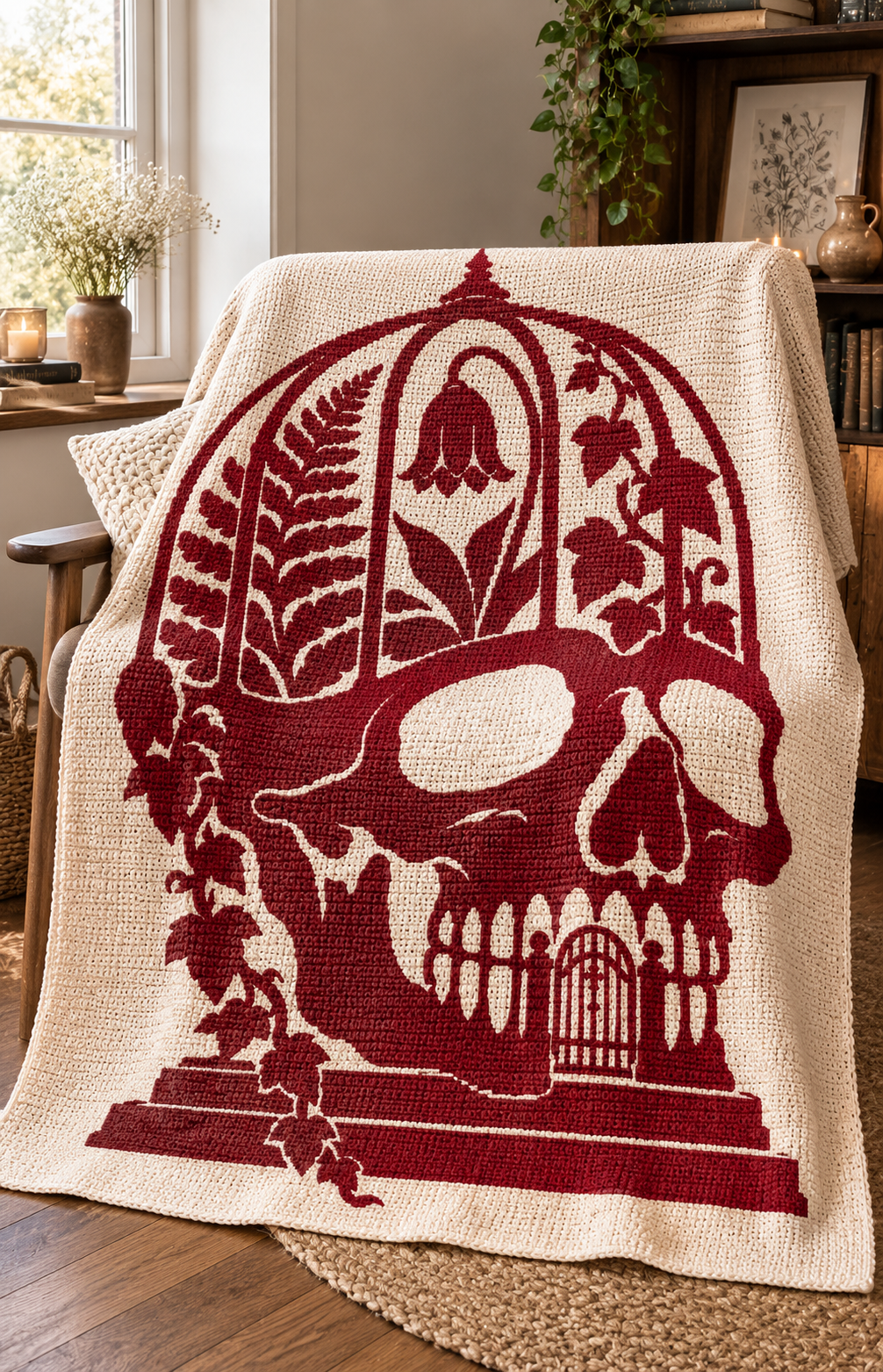 Botanical Skull Conservatory C2C Crochet Mosaic Pattern-Digital Download
