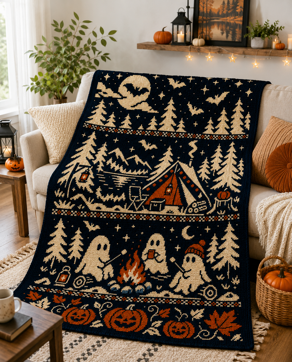 Halloween Campfire Ghosts C2C Crochet Mosaic Pattern-Digital Download