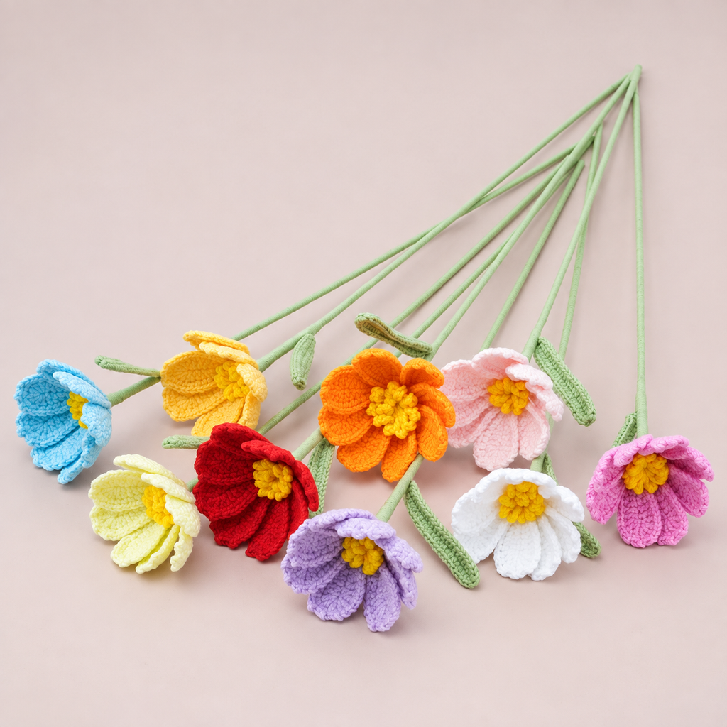 10 Stems Handmade Crochet Cosmos Flowers for Vase Decor & Gifts