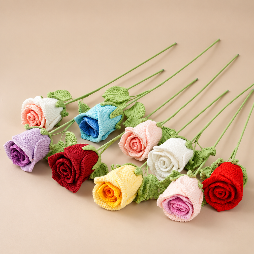 10PCS Handmade Crochet Rose Flower Set – Gifts & Home Decor
