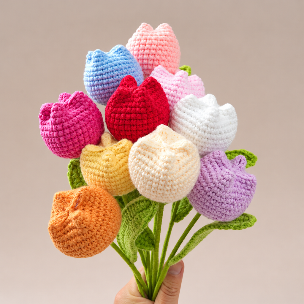 10 Stems Handmade Crochet Tulips for Vase Decor & Gifts