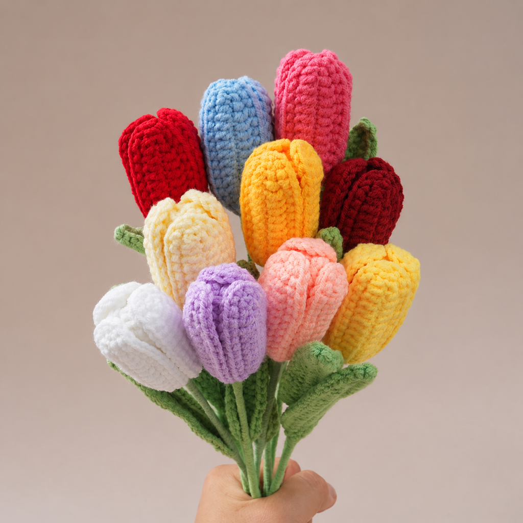 10-PCS Handmade Crochet Tulip Flowers – Long Stem Knitted Tulip