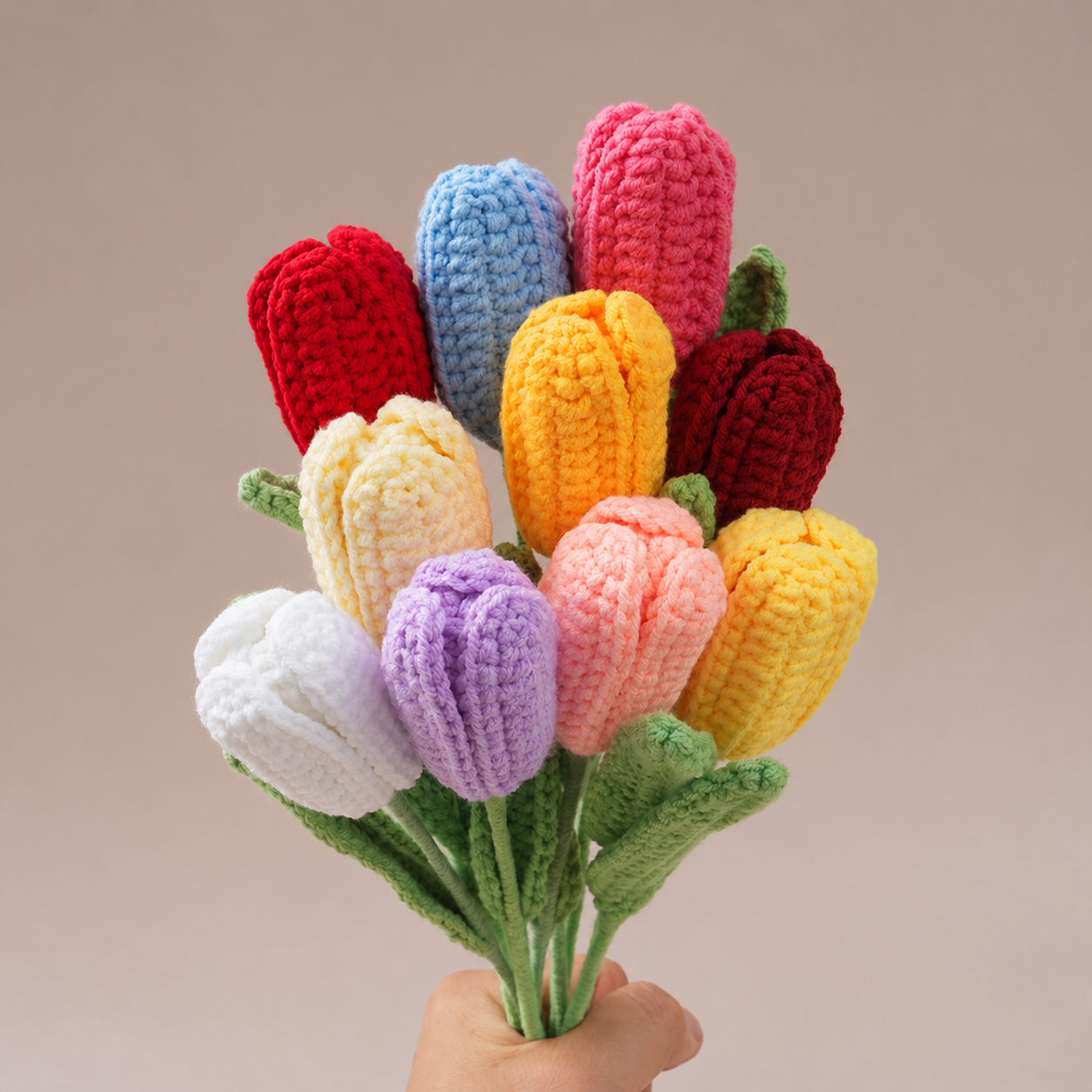 10-PCS Handmade Crochet Tulip Flowers – Long Stem Knitted Tulip