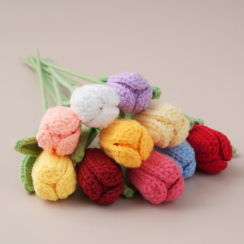 10-PCS Handmade Crochet Tulip Flowers – Long Stem Knitted Tulip