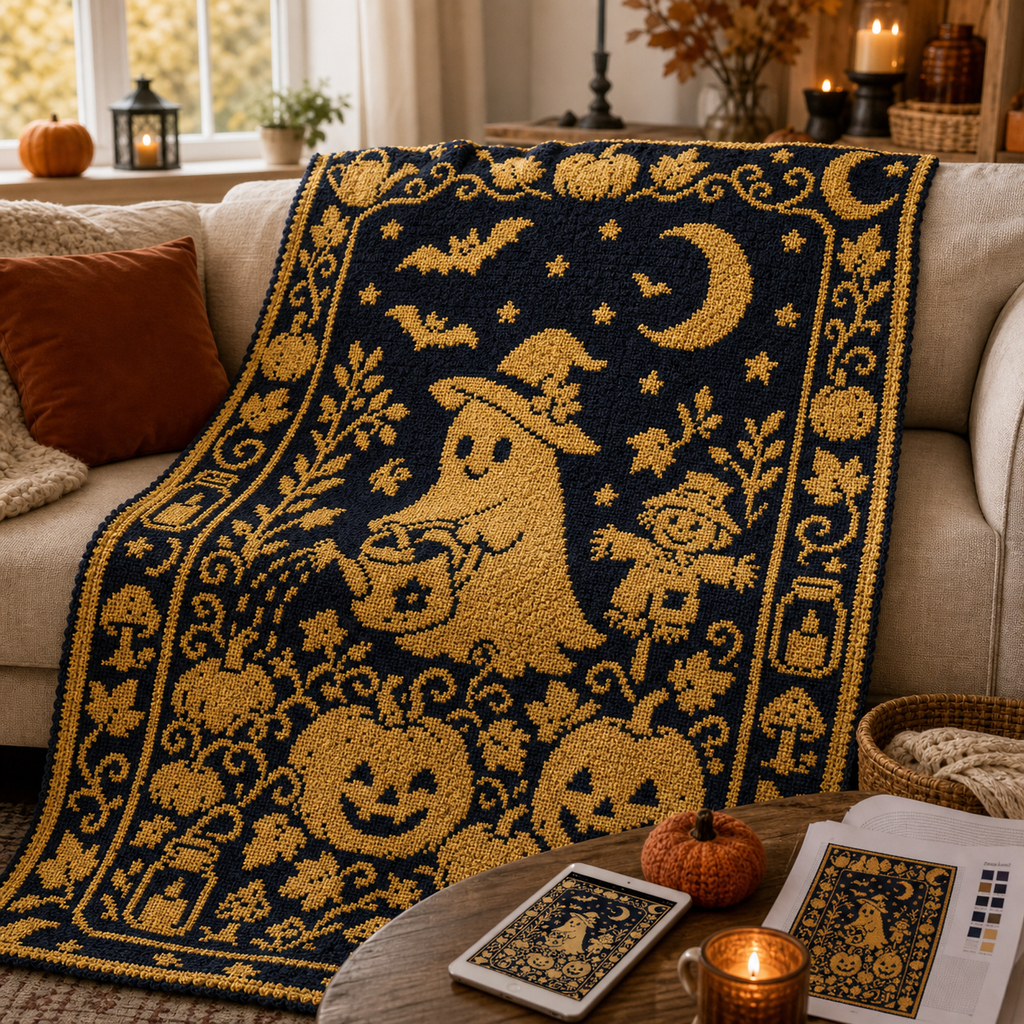 Pumpkin Ghost C2C Crochet Mosaic Pattern-Digital Download