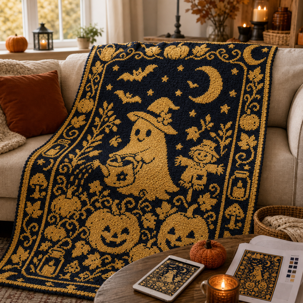 Pumpkin Ghost C2C Crochet Mosaic Pattern-Digital Download