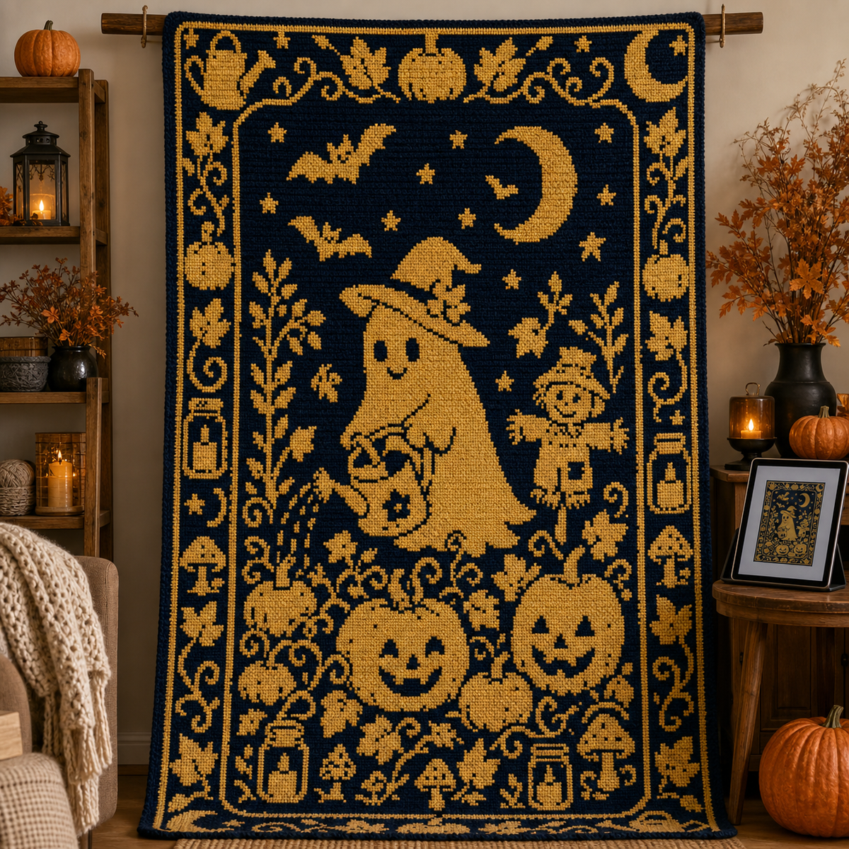 Pumpkin Ghost C2C Crochet Mosaic Pattern-Digital Download