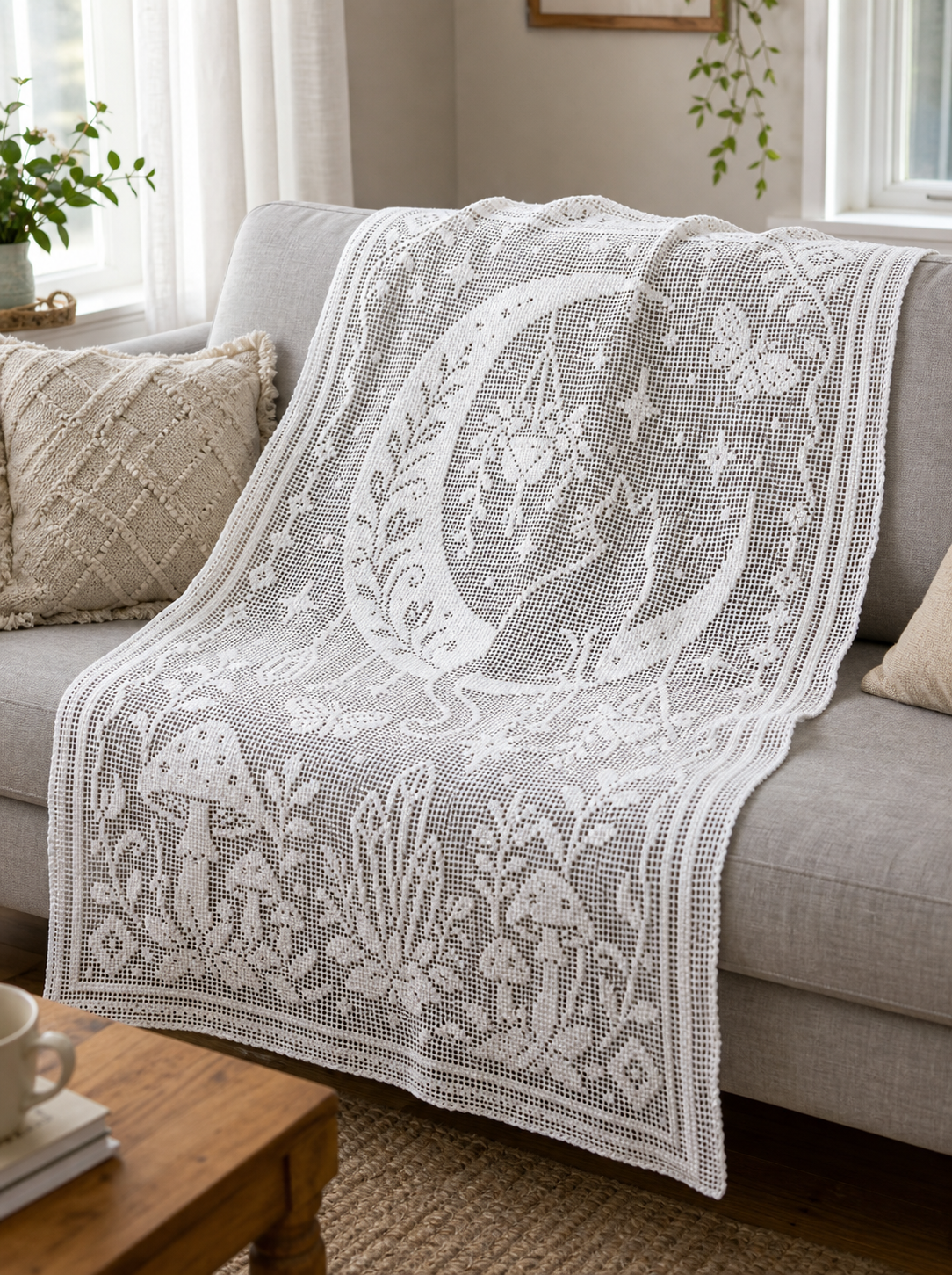 Moon Cat Filet Crochet Curtain Pattern-Digital Download