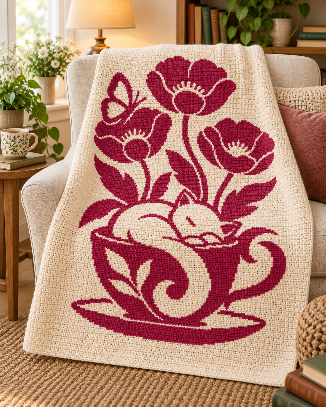 Dormouse Teacup Blossom C2C Crochet Mosaic Pattern-Digital Download