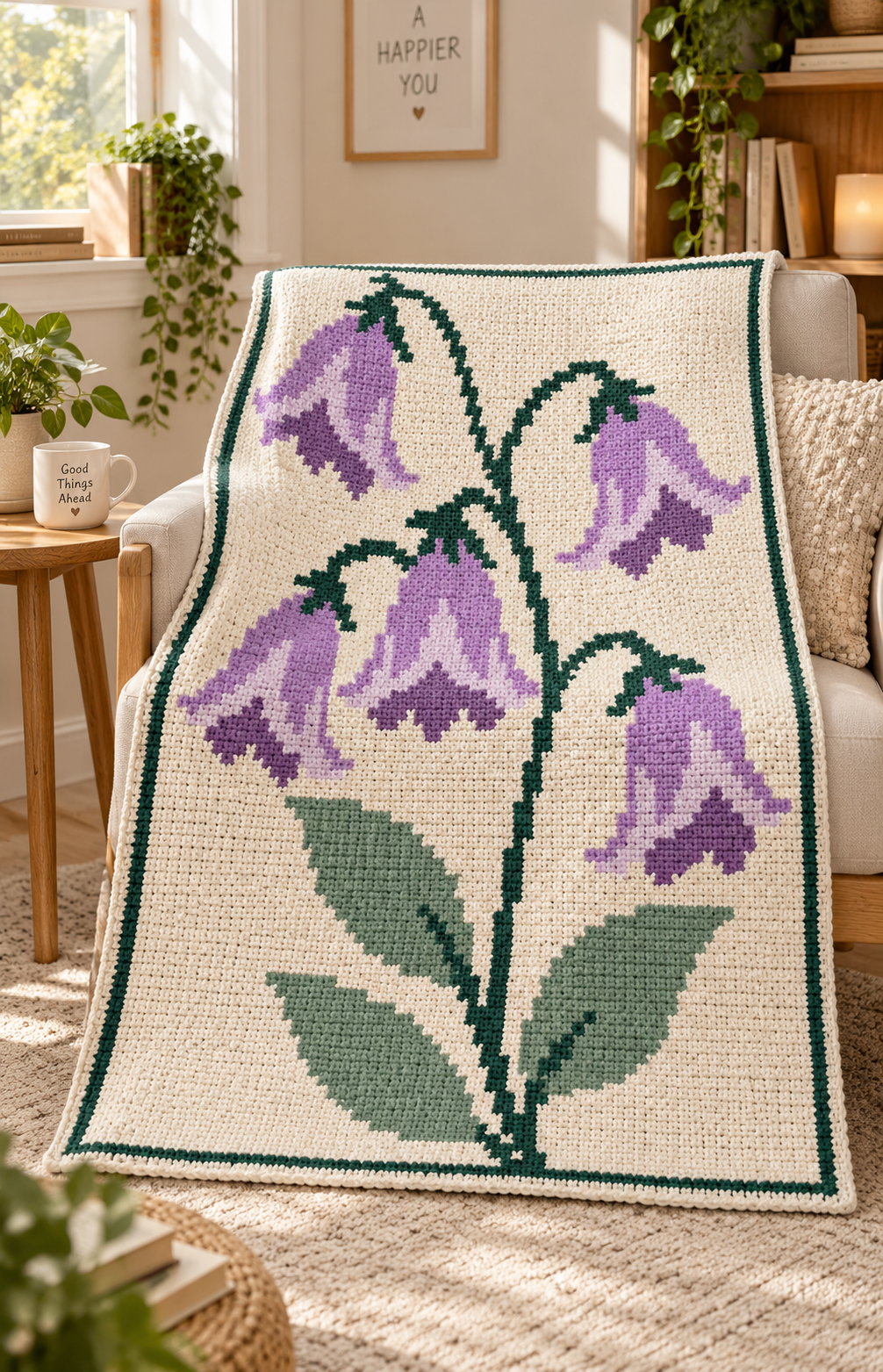 Purple Bellflowers C2C Crochet Blanket Pattern PDF-Digital Download