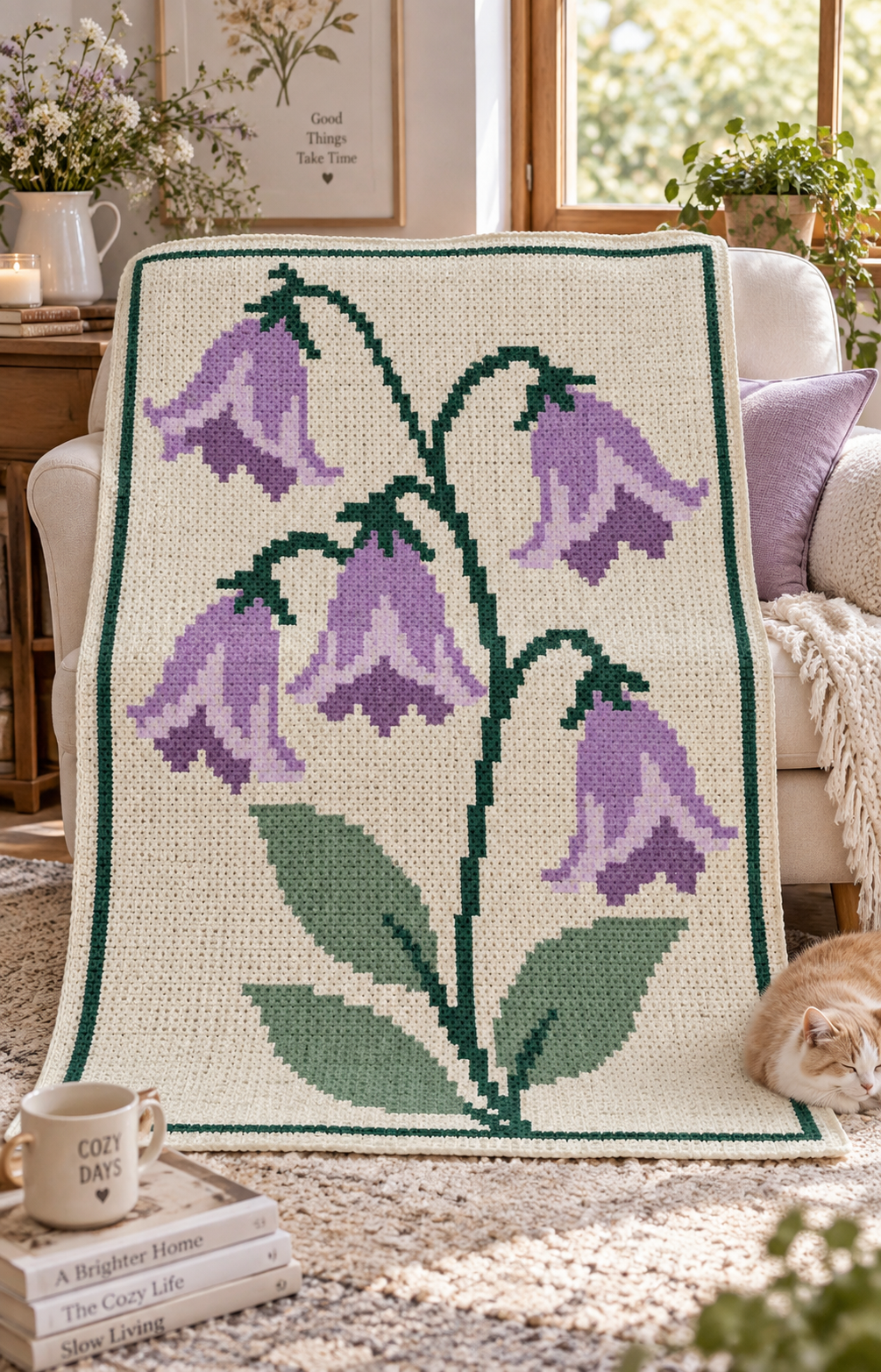 Purple Bellflowers C2C Crochet Blanket Pattern PDF-Digital Download