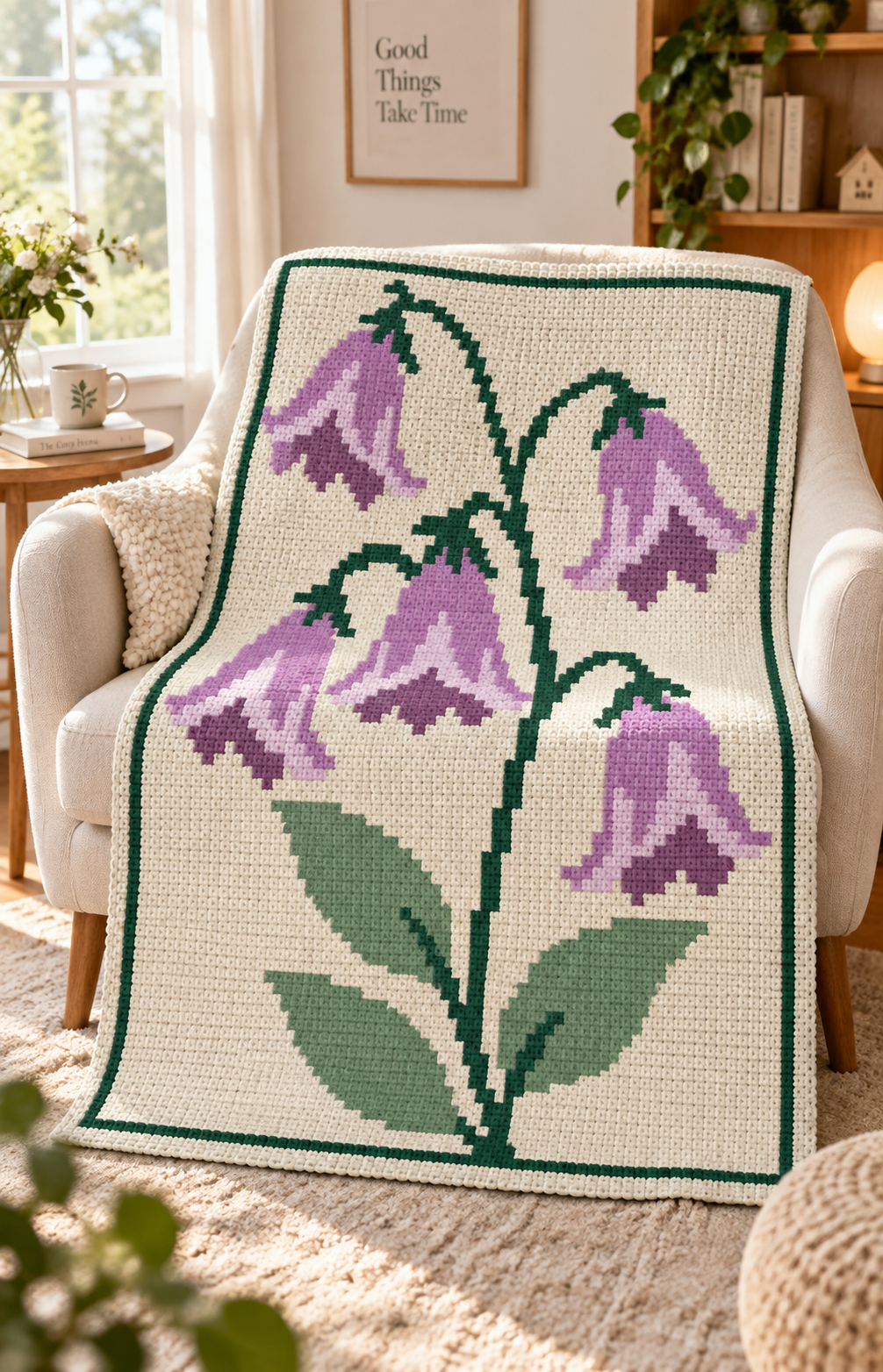 Purple Bellflowers C2C Crochet Blanket Pattern PDF-Digital Download