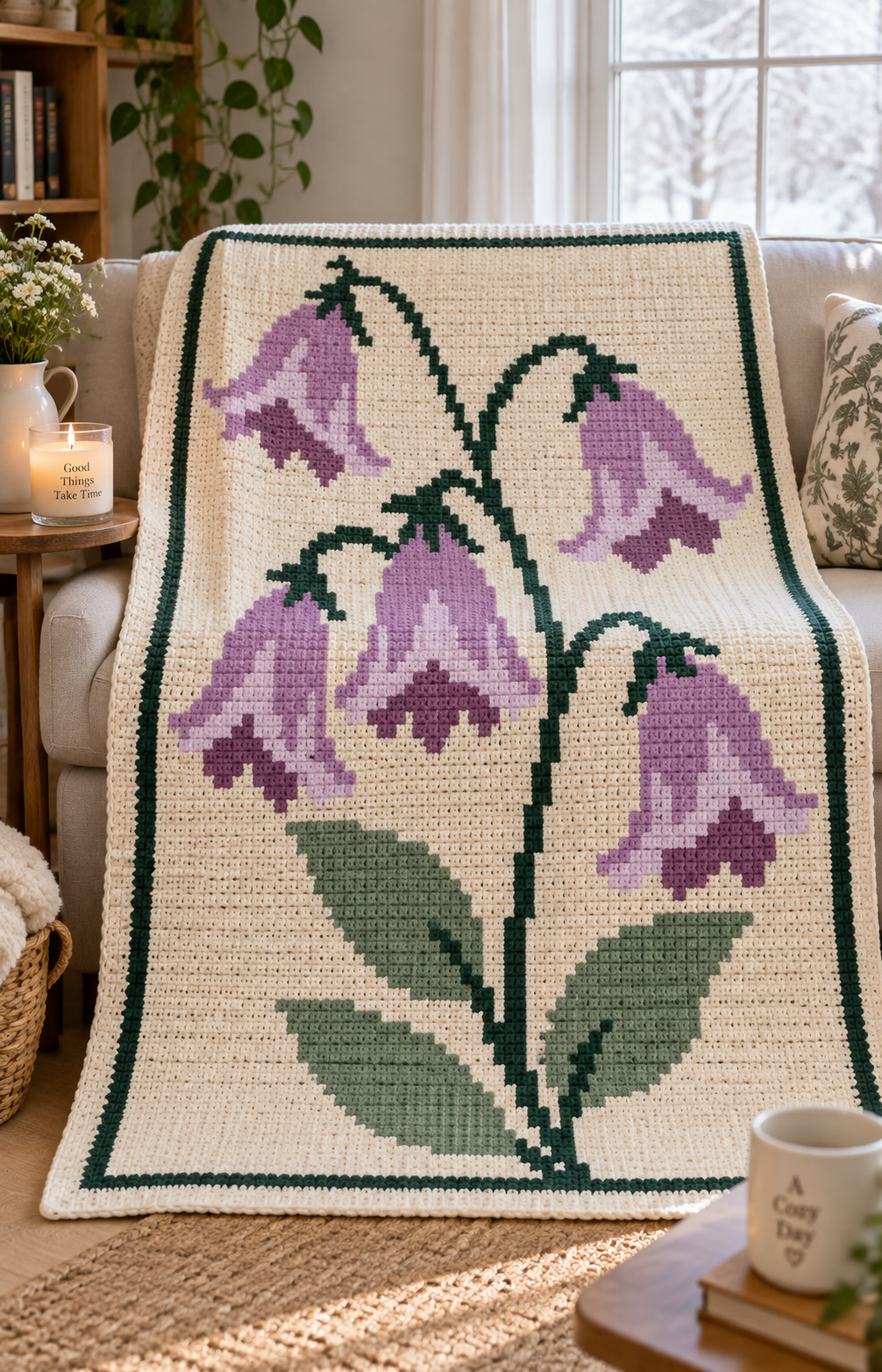 Purple Bellflowers C2C Crochet Blanket Pattern PDF-Digital Download