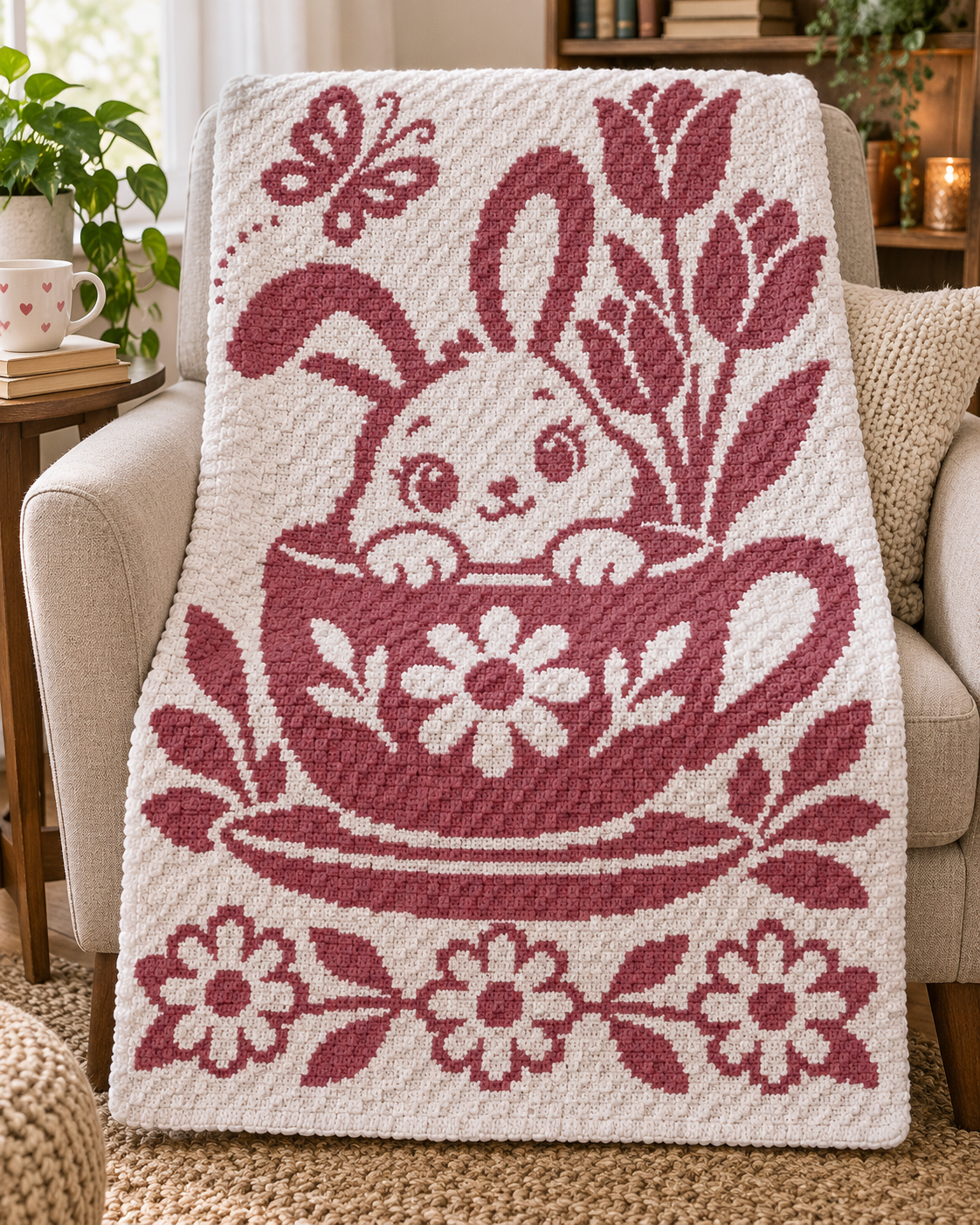 Bunny Teacup Tulips C2C Crochet Mosaic Pattern-Digital Download