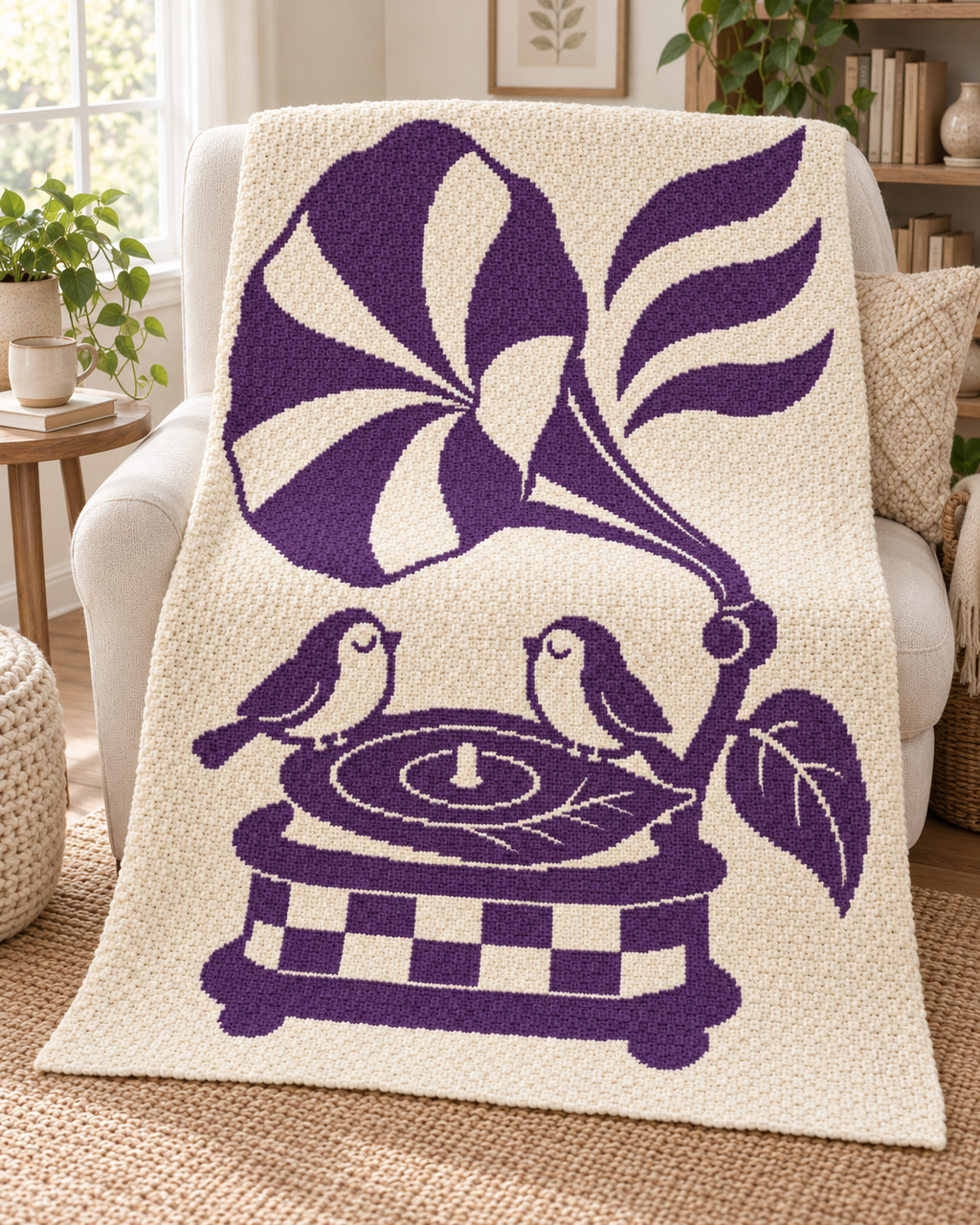 Songbirds Record Player C2C Crochet Mosaic Pattern-Digital Download