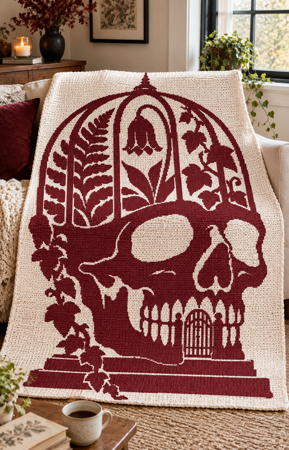 Botanical Skull Conservatory C2C Crochet Mosaic Pattern-Digital Download