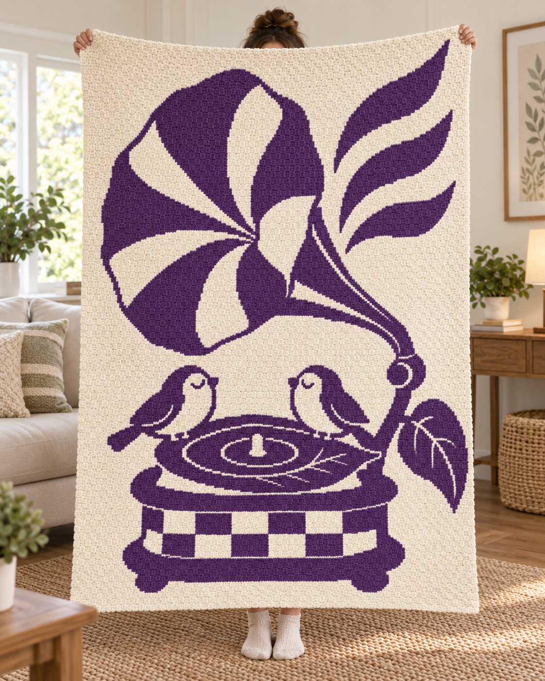 Songbirds Record Player C2C Crochet Mosaic Pattern-Digital Download