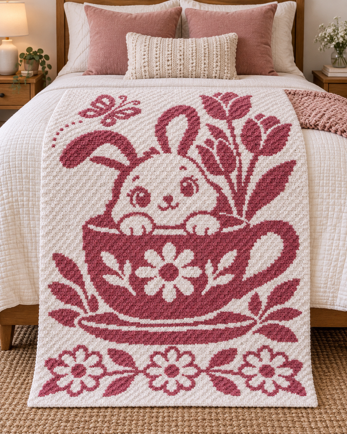 Bunny Teacup Tulips C2C Crochet Mosaic Pattern-Digital Download