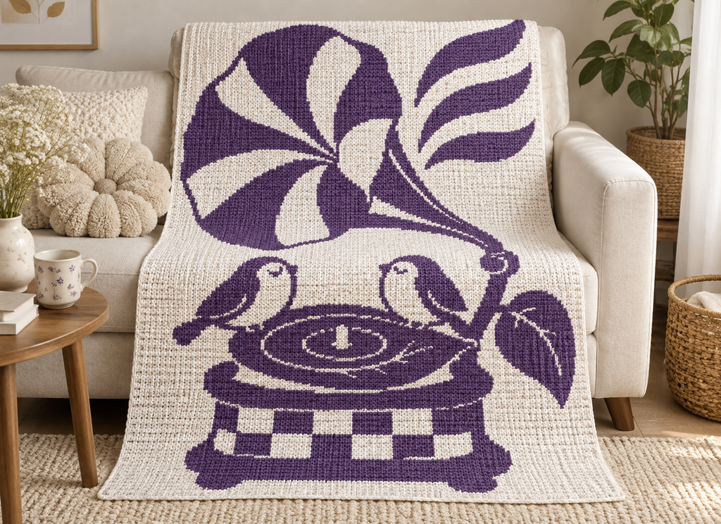 Songbirds Record Player C2C Crochet Mosaic Pattern-Digital Download