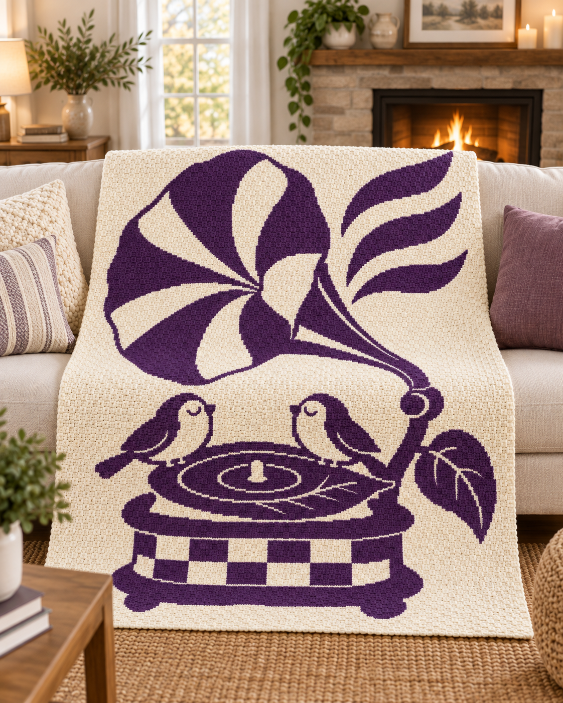 Songbirds Record Player C2C Crochet Mosaic Pattern-Digital Download