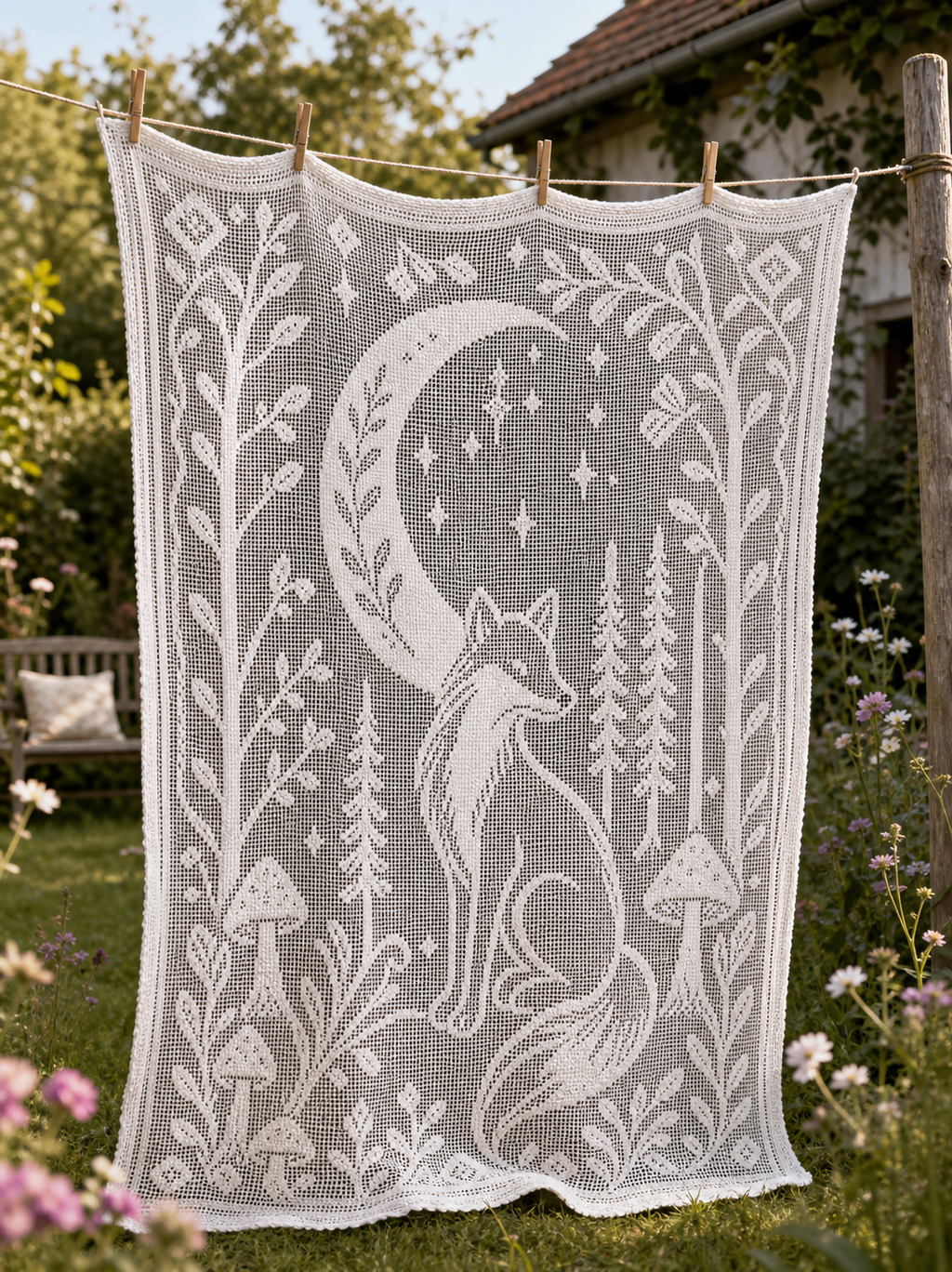 Moonlit Fox Forest Filet Crochet Curtain Pattern-Digital Download