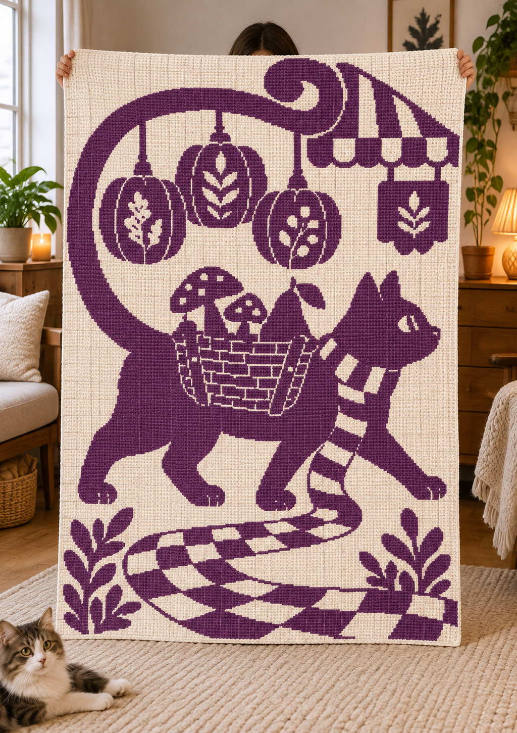 Market Cat Pumpkin Basket C2C Crochet Mosaic Pattern-Digital Download