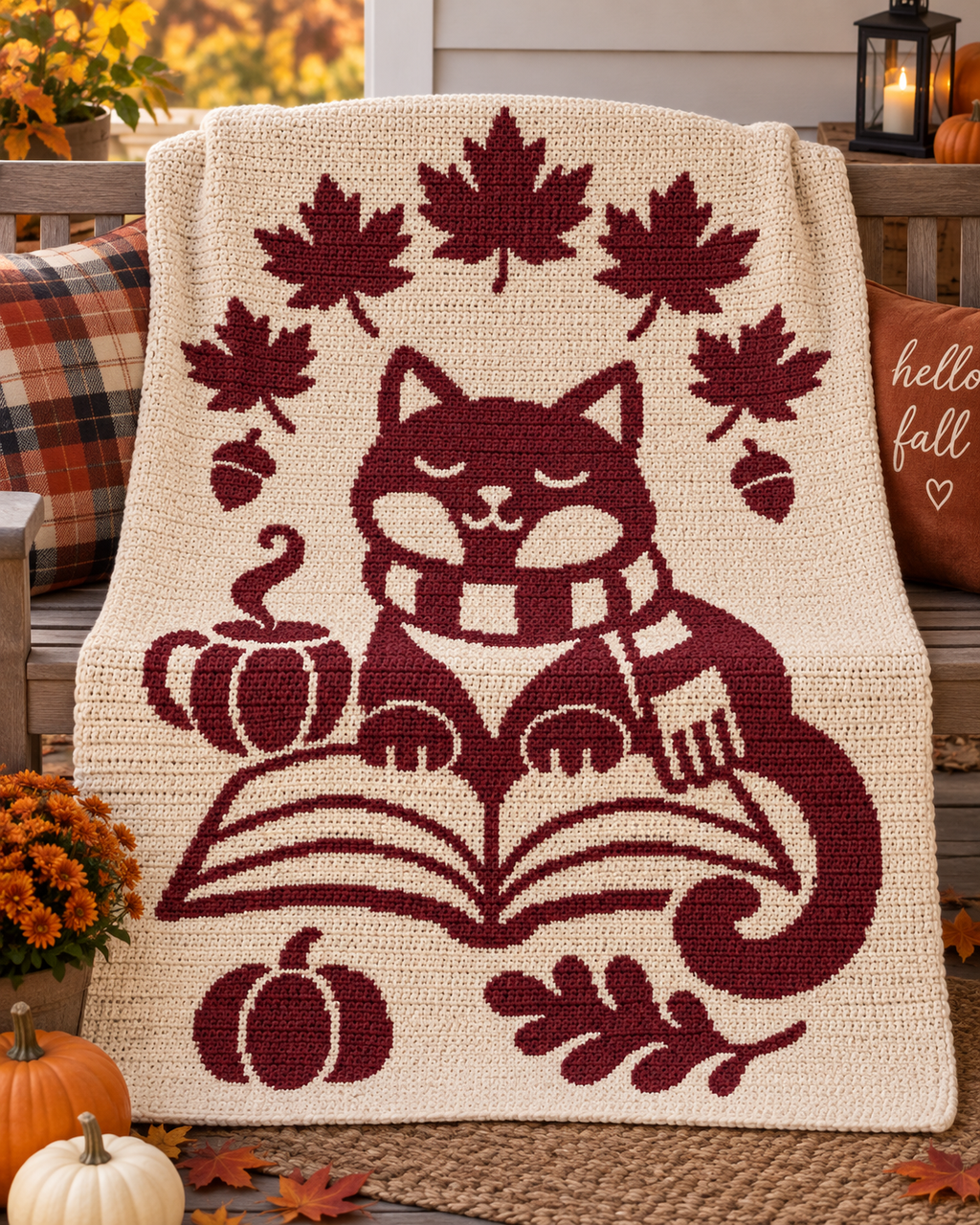 Reading Cat Autumn C2C Crochet Mosaic Pattern-Digital Download