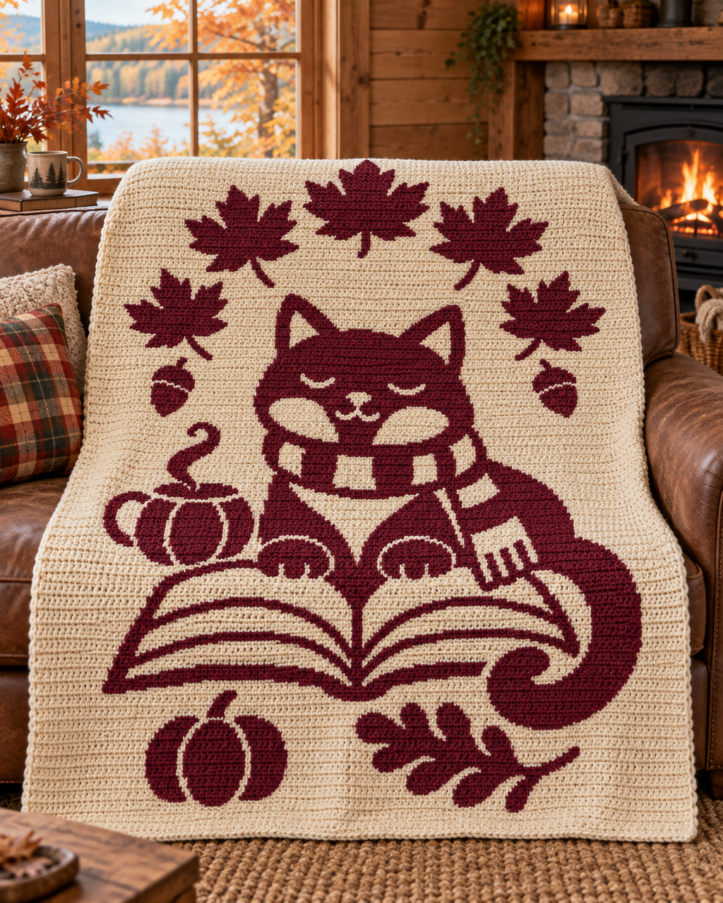 Reading Cat Autumn C2C Crochet Mosaic Pattern-Digital Download