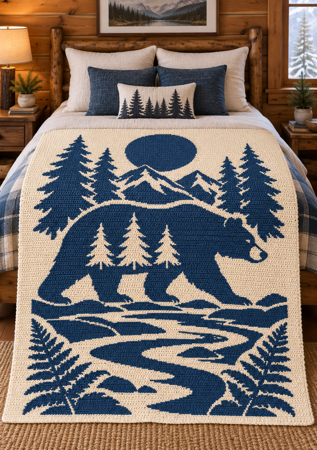 Bear Moon Mountains C2C Crochet Mosaic Pattern-Digital Download