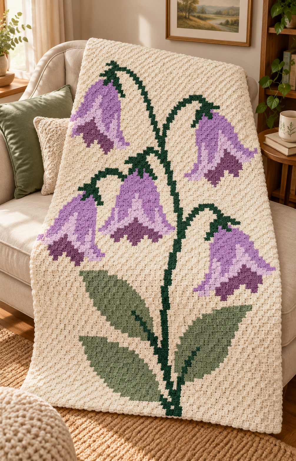 Purple Bellflowers C2C Crochet Blanket Pattern PDF-Digital Download