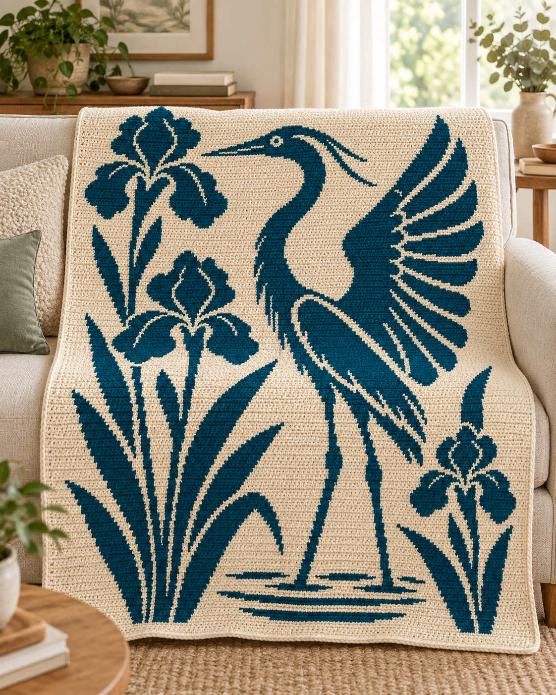Heron and Irises C2C Crochet Mosaic Pattern-Digital Download