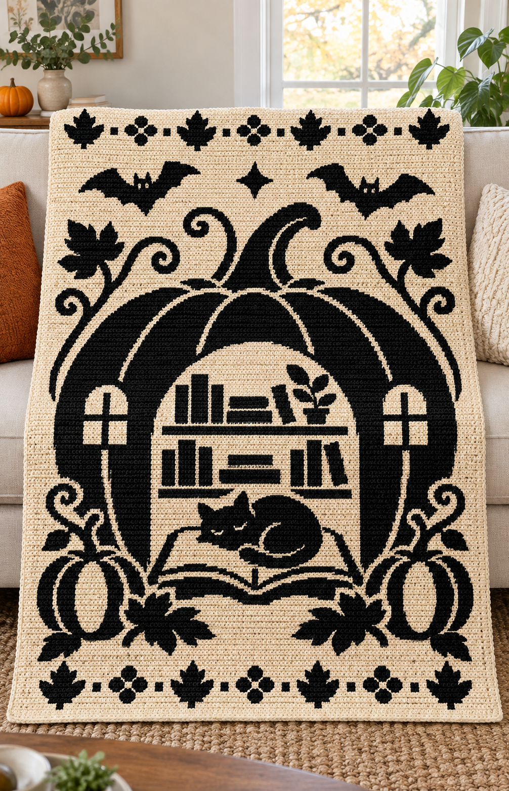 Halloween Library Cat C2C Crochet Mosaic Pattern-Digital Download