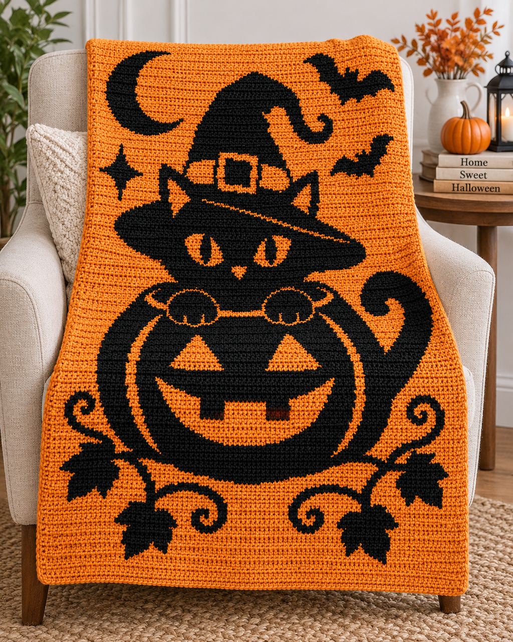 Pumpkin Witch Cat C2C Crochet Pattern-Digital Download