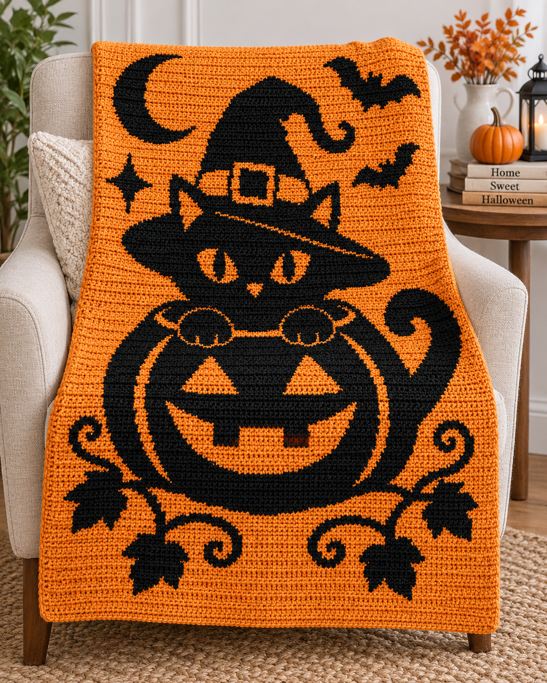 Pumpkin Witch Cat C2C Crochet Pattern-Digital Download